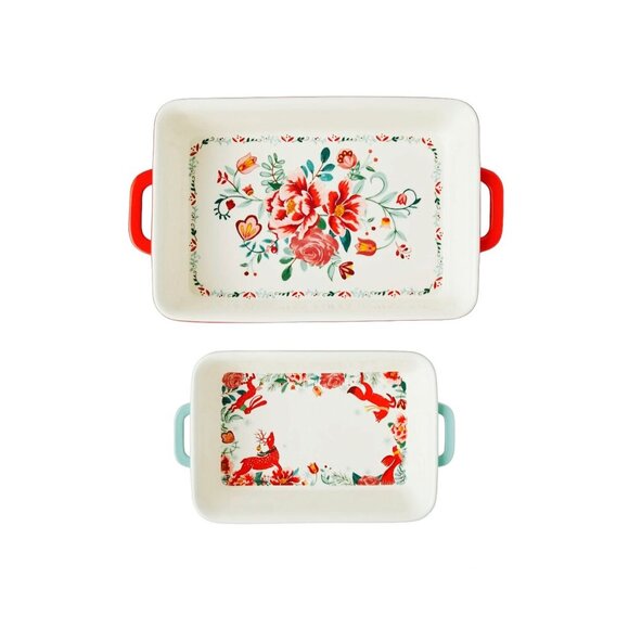 The Pioneer Woman Bakeware Set Holiday Stoneware Merry Meadows 2-PC Rectangular - Picture 2 of 6